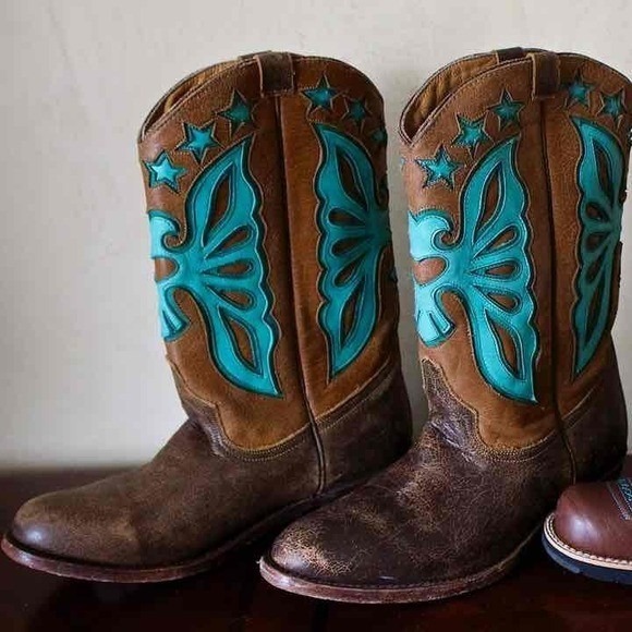 Ash Cowboy Boots Jango Butterfly  Western Brown Turquoise Leather Handmade Boots - Picture 1 of 4